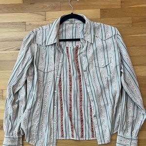 Striped Floral Button-Down Shirt - Light Cream and Rust